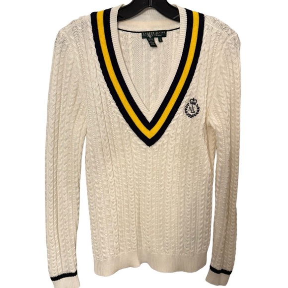 Ralph Lauren Women’s Cable-Knit  V-Neck Sweater White Navy/yellow Trim Sz M - Picture 1 of 16